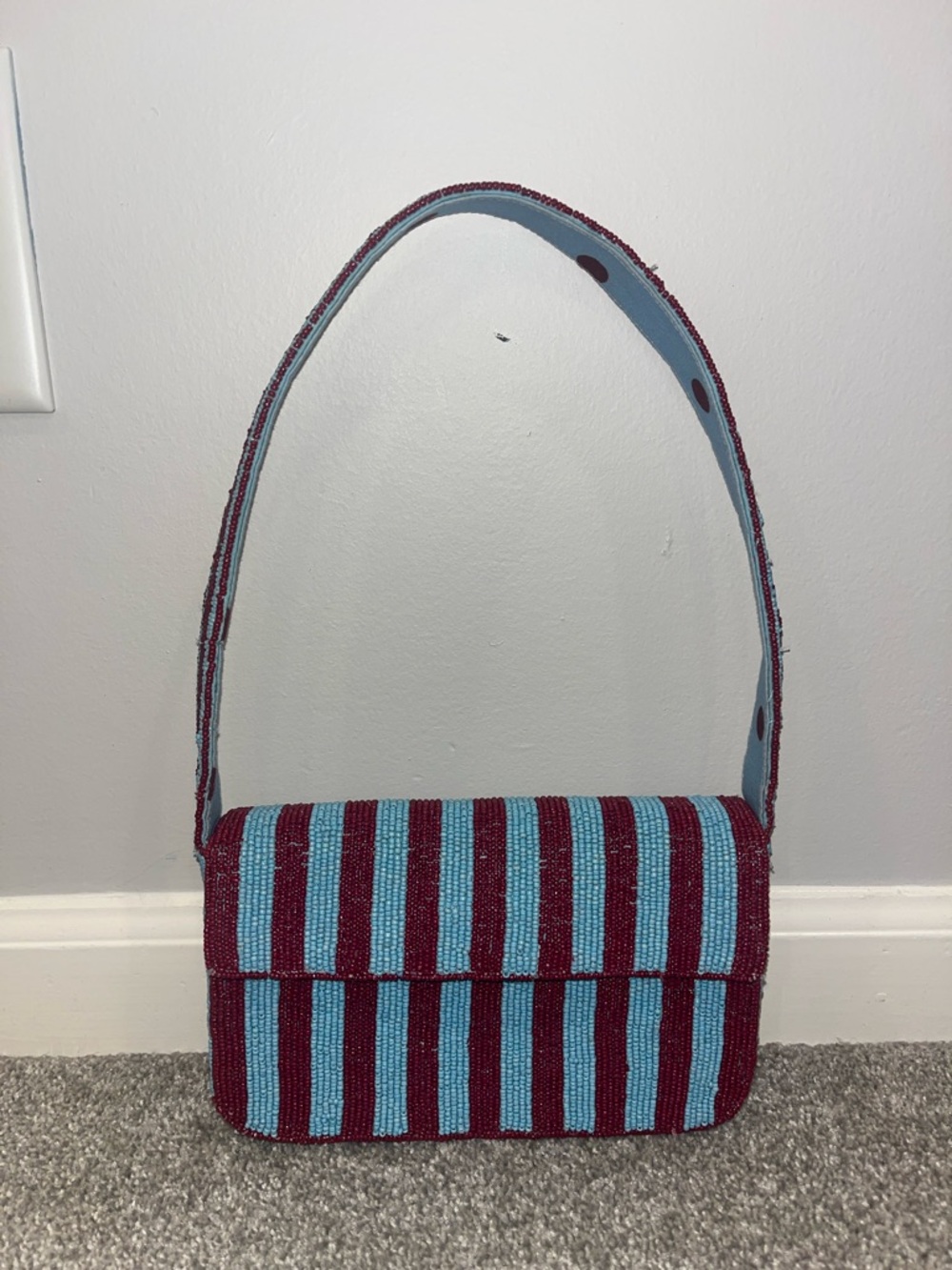 Maeve Beaded Striped Crossbody in Burgundy and Light Blue